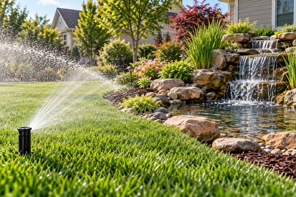 Irrigation and water-feature illustration: sprinkler watering a lawn beside a stone waterfall and pond