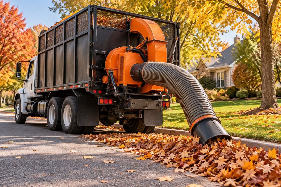 Leaf-removal illustration: truck-mounted vacuum collecting autumn leaves
